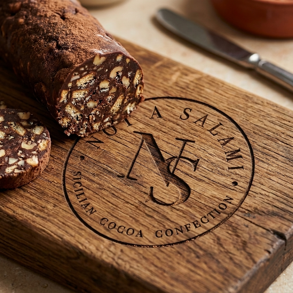 Not A Salami chocolate salami sliced on a branded wood board